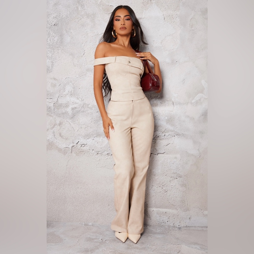 Petite Faux Leather Foldover Strap Top & Flared Pants…Color: Stone…New